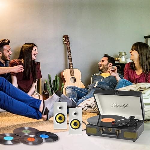 Retrolife Record Player 3 Speed Bluetooth Portable Suitcase Vinyl Player with Built-in Speakers Turntable Enhanced Audio Sound PU Leather Vintage thumbnail 6