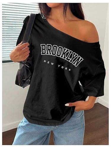 GORGLITTER Women's Off Shoulder Oversized Tee Shirts Short Sleeve Letter Graphic Vintage Streetwear Tops thumbnail 2