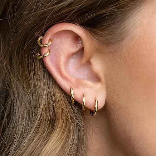 4 Pairs Small Gold Hoop Earrings Set for Women, 14k Gold Plated Cartilage Hoop Earring Hypoallergenic Small Hoop Earrings for 2nd 3rd Hole Huggie Hoop Earrings for Women Men Gifts (Gold-1.6mm) thumbnail 3