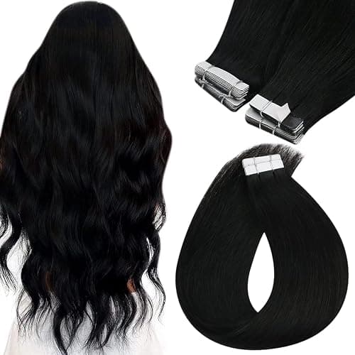 Sunny Hair Tape in Hair Extensions Real Human Hair Invisible Remy Hair Extensions Tape ins for Women Jet Black 20 inch 20Pcs 50G - 20 Inch - Remy 1-#1 Jet Black - Image 1