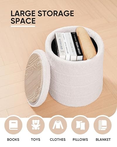 B FSOBEIIALEO Ottoman with Stroage, Round Sherpa Storage Ottoman Stool, Boucle Foot Rest 14.6"x14.6"x17.7"（White thumbnail 4