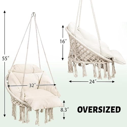 KROFEM Macrame Hammock Hanging Swinging Chair with Oversized Cushion, Perfect for Bedroom, Porch, Kids, Adults, Balcony, Beige thumbnail 2
