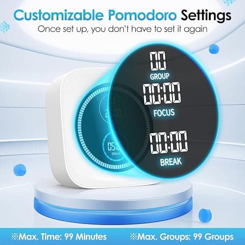 HAUKINIX 99-Minute Visual Timer with Pomodoro Timer Productivity Focus Timer Countdown Stopwatch Desk ADHD for Study, Work, Student, Procrastination, Loud Alarm/Mute/Vibration, 2 Brightness Levels thumbnail 4