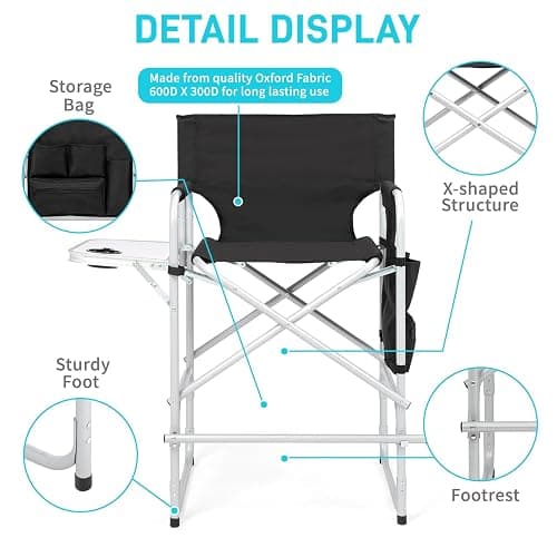 Outvita 26" Tall Directors Chair Height Seat Folding with Side Table Storage Bag, Support for 300Lbs Portable Makeup Artist Chair with Bar Height(Black) thumbnail 6