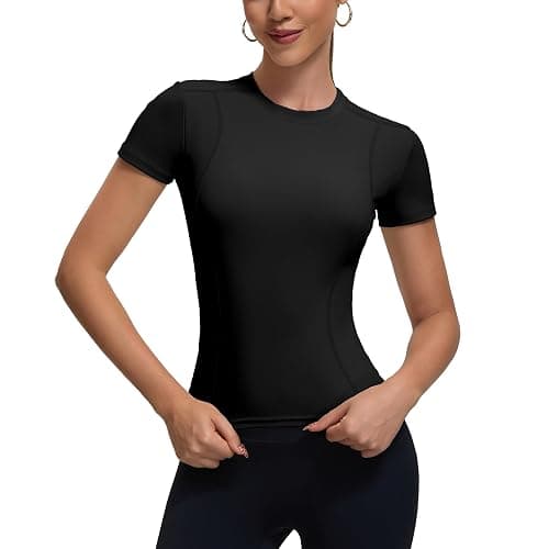 Womens Workout Compression Shirts,Athletic Dry Fit Yoga Gym Pilates Shapewear Tops,Cute Crop Y2K Short Sleeve Clothes - Image 1