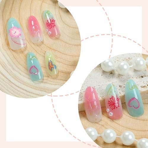 BABALAL Press on Nails Medium Almond Fake Nails Beach Glue on Nails Blue Pink Flower 3D Texture False Acrylic Nails Summer 30Pcs Custom Stiletto Handmade Diy for Women Girls thumbnail 2