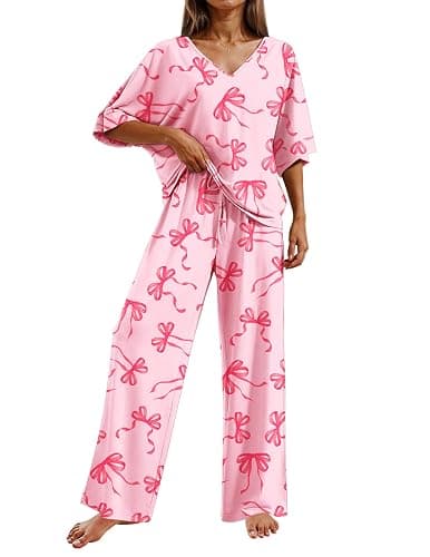 Ekouaer Pajama Sets Womens 2 Piece Short Sleeve Long Pants Pjs Lounge Set | Soft Comfy Pjs with Pockets,Casual V Neck Sleepwear,Matching Set for Travel,Maternity,Daily,Outfits - Image 1