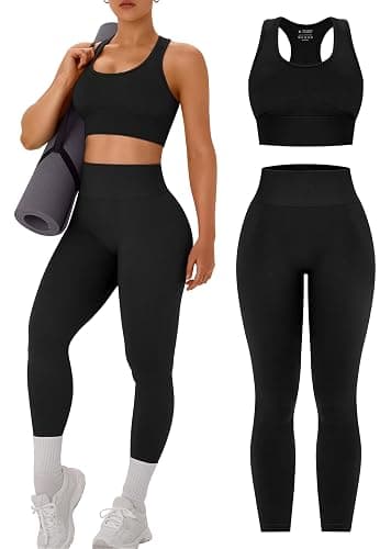 OLCHEE Womens Workout Sets 2 Piece Racerback Sports Bra High Waist Leggings | Seamless Gym Set, Yoga Pilates Outfit, Matching Athletic Clothing, Activewear, Scoop Neck, Padded, High Waist - Image 1