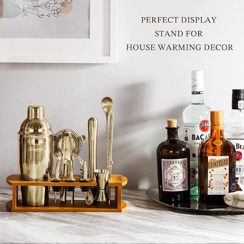 KITESSENSU Cocktail Shaker Set Bartender Kit with Stand | Bar Set Drink Mixer Set with All Essential Accessory Tools: Martini Shaker, Jigger, Strainer, Mixer Spoon, Muddler |Champagne Gold - 17pieces-Champagne Gold thumbnail 3