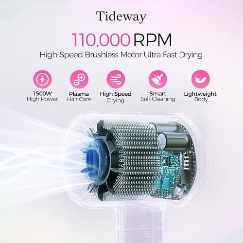 Tideway Hair Dryer Professional High-Speed Ionic Blow Dryer 110,000 RPM, Compact Hair Dryer with Magnetic Diffuser, Fast Drying with Brushless Motor Low Noise Smart Temperature Control-H11 thumbnail 2