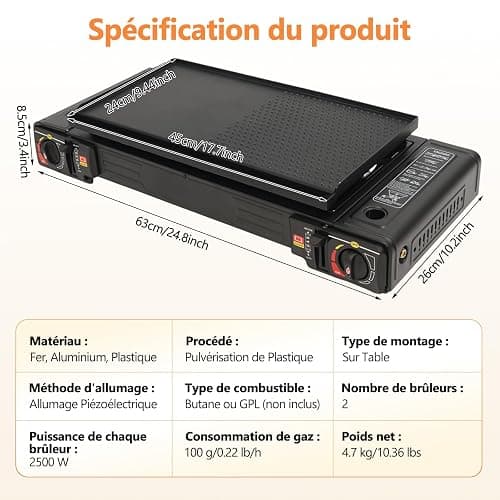 Réchaud à gaz portable 2 feux avec plateau de barbecue et mallette de rangement pour camping, voyage, randonnée, pique-nique, barbecue sur la terrasse et bien plus encore thumbnail 2