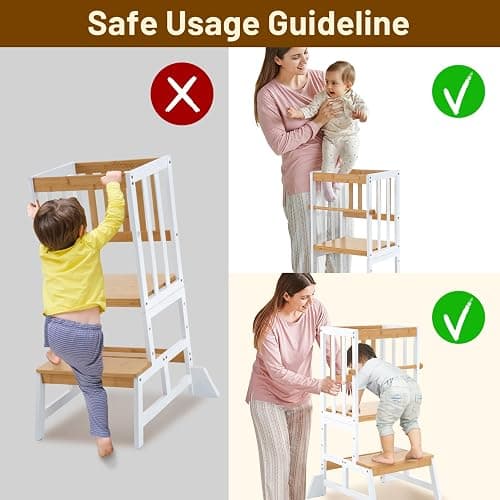 COSYLAND Height Adjustable Step Stool for Kids – Solid Bamboo Stool for Kitchen Counter, Compact & Sturdy (Wood & White) thumbnail 5