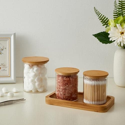 INIUNIK Glass Qtip Holder Dispenser with Bamboo Lid - 2 Pack Apothecary Jars - Cotton Balls Pads Swabs Holder Jar - Bathroom Vanity Canisters Jars for Countertop Storage and Organization thumbnail 8