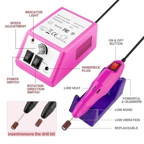 Professional Electric Nail Drill Machine Nails File Kit Manicure Pedicure Set for Acrylic Nail Gel Dip Powder Art Shape Remover Tool Polisher Grinder Low Noise with 156pcs Sanding Bands thumbnail 2