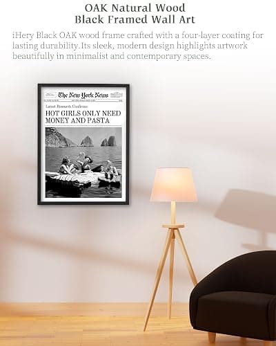 iHery 12x16in Natural Black OAK Wood Trendy Newspaper Framed Wall Art, Modern Hot Girls Only Need Money And Pasta Canvas Wall Decor For Girly Dorm Bedroom Living Room 1Pack thumbnail 2