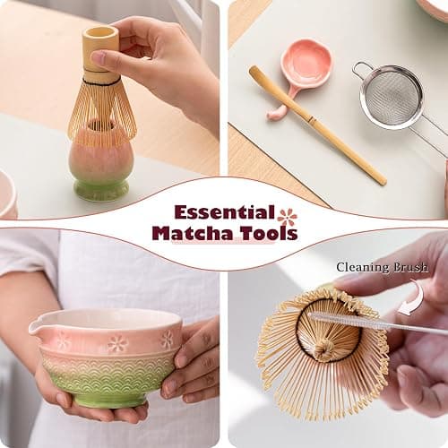 Matcha Tea Set, 8 Pcs Japanese Matcha Kit with Cherry Blossom and Wave Design Ceramic Bowl, Bamboo Whisk, Whisk Holder, Scoop, Sifter, Brush, Matcha Kit Set for Matcha Lovers (Pink-Green) thumbnail 4