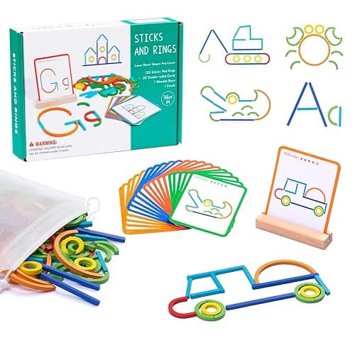 142pcs Wooden Pattern Blocks Montessori Smart Sticks Wooden Tangram Puzzle STEM Toy Activities Preschool Brain Teaser Montessori Toys Gift for 3 4 5 Years Old Kids Boys Girls - Image 1
