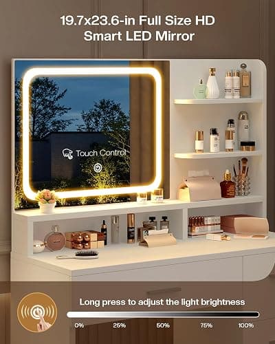 LIVELYGLOW Makeup Vanity Desk with Smart LED Mirror & Charging Station, 35.4" White Vanity Table Set with Cushioned Stool, 4 Drawers & Hairdryer Rack, Modern Bedroom Dressing Table-White thumbnail 8