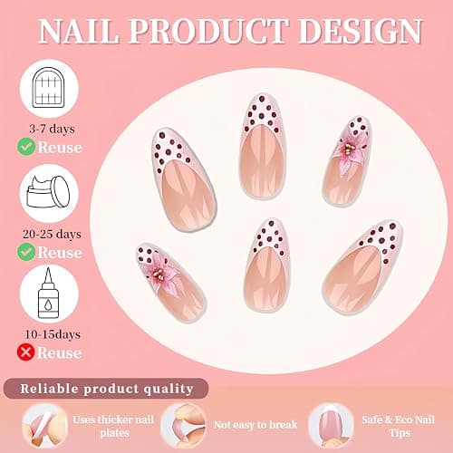 24Pcs Press On Nails Almond Medium Nude Fake Nails White French Tips with 3D Flower Pink Polka Dot Design Floral False Nails Glossy Full Cover Stick on Nails Reusable Glue on Nails for Women Manicure thumbnail 4