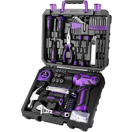 Tool Set: Tool Kit with 8V Cordless Drill, Hand Toolbox with storage case, Tool set for Home Repairs 126 Piece, Purple - Image 1