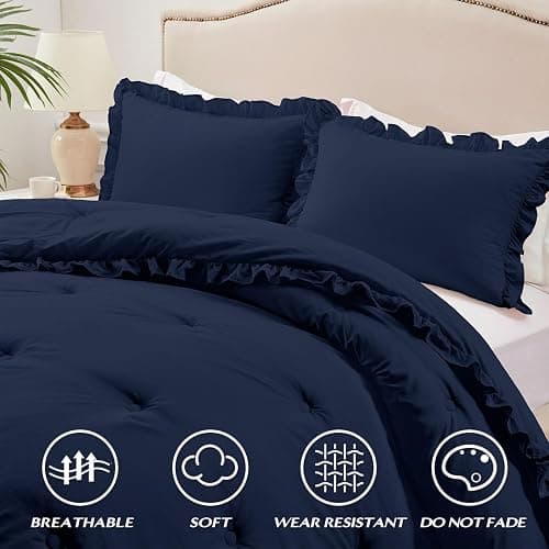 HARBOREST Full Comforter - Navy Ruffle Comforter for Full Size Bed, Fluffy Comforter Set for All Seasons, 3 Pieces Shabby Chic Bedding Set(1 Comforter & 2 Pillow Shams) thumbnail 3