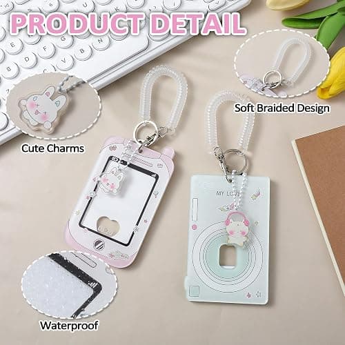 JIYIN 2 Pcs Photocard Holder, 3 Inch Photo Card Holder ID Badge Holder Cute Cartoon Photocard Holder Keychain Bus Card Credit ID Bank Card Pendant with Spiral Wrist Coil thumbnail 3