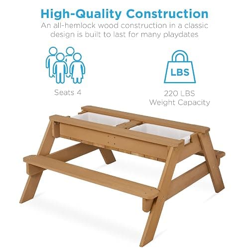 Best Choice Products Kids 3-in-1 Sand & Water Table, Wood Outdoor Convertible Picnic Table w/Umbrella, 2 Trays, Removable Top, 220lb Capacity Per Bench - Natural/Dark Pink - Natural/Dark Pink thumbnail 6