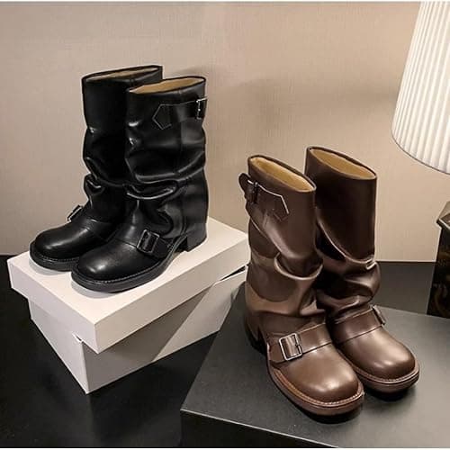 WUNAMOX Winter Boots for Women French Vintage Western High Heeled Stacked Pleated Mid Calf thumbnail 6
