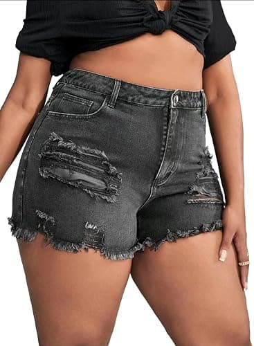 MapleHub Plus Size Denim Shorts Women High Waisted Ripped Folded Hem Jean Shorts thumbnail 4