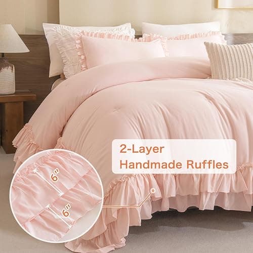 Masaca Blush Ruffle Comforter Full Size,3 Pieces Farmhouse Shabby Boho Chic Bedding Sets Full,Women Girls Bedroom Vintage Rustic Bedding Comforter Set All Season thumbnail 3