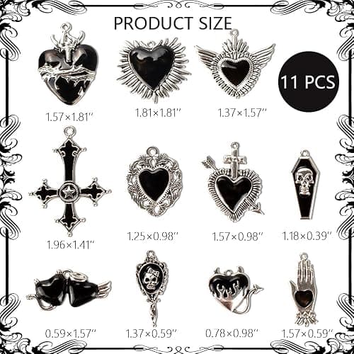 Giata11 Pcs Large Gothic Style Black Cross Skull Tombstone Heart Pendants Goth Halloween Charms for Jewelry Pendants Making DIY Craft Supplies thumbnail 4