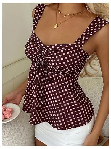 SOLY HUX Women's Babydoll Tops Summer Cute Polka Dots Tank Top | Sleeveless, Ruched, Drawstring, Peplum Tops, Cute Summer Tops for Teens thumbnail 3