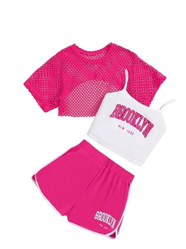 Verdusa Girl's 3 Piece Outfits Letter Print Cami Top Track Shorts with Short Sleeve Mesh Tee Top - 12-13Y - Hot Pink - Image 1