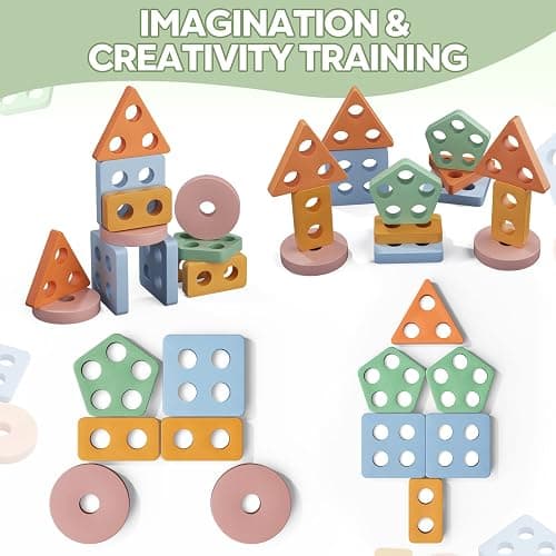 PEBIRA Montessori Toys for 1 2 Year Old, Wooden Sorting and Stacking Toys for Toddlers, Baby Shape Sorter and Color Stacker Blocks for Toddler, Preschool Learning Toy, Gift for 12-18 Month Boys Girls thumbnail 4