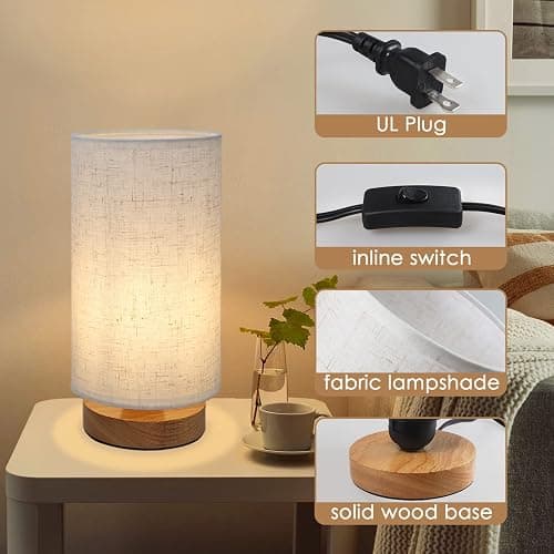 Small Bedside Night Table Lamp for Bedroom, Minimalist Nightstand Lamp with Round Fabric Linen Shade, Study Reading Desk Lamp for Kids Room, Living Room, College Dorm, Home, Office thumbnail 5