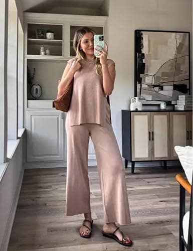 Lviefent Womens 2 Piece Outfits Sweater Set Sleeveless Side Slit Pullover Top Knit Wide Leg Pants Lounge Matching Sets thumbnail 2