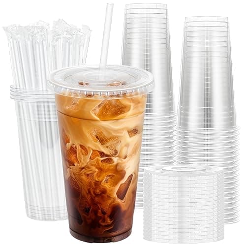 Lamosi 100 Pack 24 oz Clear Plastic Cups with Lids and Straws, Disposable Iced Coffee Cups with Lids for To-Go Cold Drinks, Smoothies and Slushie - Image 1