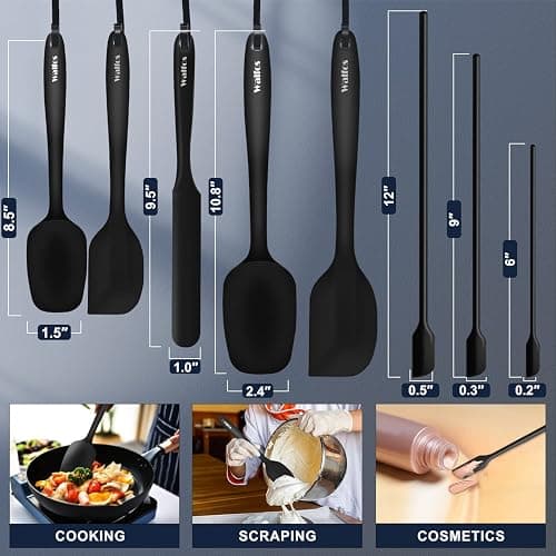Walfos Silicone Spatula Set of 8(600°F）- Heat Resistant Kitchen Silicone Scraper Spatulas & Mini Spatulas, One-Piece Seamless Design, Perfect for Cooking Mixing & for Non-stick Cookware,black thumbnail 2