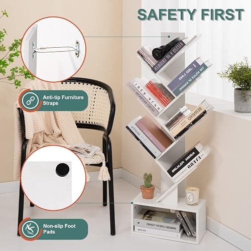 Yoobure Tree Bookshelf, 6 Tier Small Book Shelf Retro Floor Standing Bookcase, Wood Book Storage Organizer Rack, Tall Narrow Bookshelves for Corner/Bedroom/Living Room/Home Office, White thumbnail 5