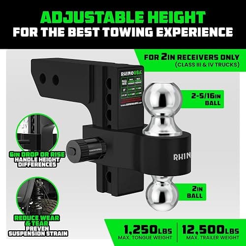 Rhino USA Adjustable Trailer Hitch (Fits 2-Inch Receiver) - Heavy Duty Aluminum Tow Hitches with 6-Inch Drop/Rise for Truck (12,500 LBS GTW) - Weatherproof Double Anti-Theft Locking Hitch Pins (Black) thumbnail 2