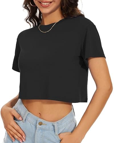 Womens Summer Crop Tops Short Sleeve Round Neck T-Shirts Loose Fit Casual Blouse thumbnail 4