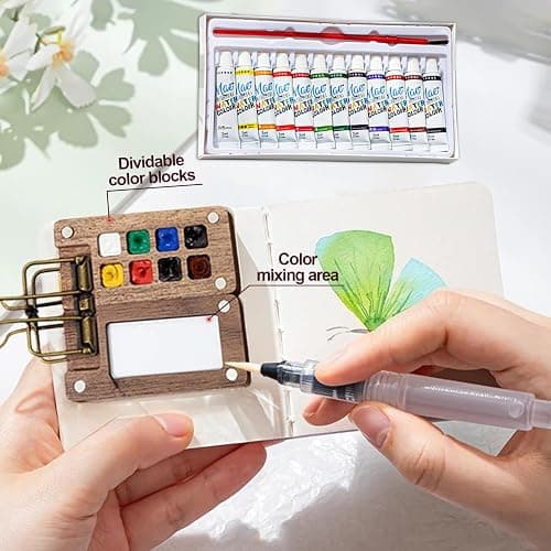 Mini Paint Palette Travel Kit, Mini Watercolor Set, Mini Watercolor Paint Sets, Travel Watercolor Palette Set, Pocket Artist Watercolors Travel Sets, Wooden Grid Paint Box (15 Grids) thumbnail 5