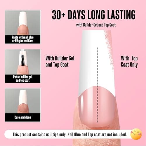 NOVO OVO Old School Wide White French Tip Nail Tips Press on, Long Tapered Square BABY PINK, Extra Thick Soft Gel Fake Acrylic Extension, Need Builder Gel Top Coat & Glue, 15 Sizes 240 pcs - Image 1