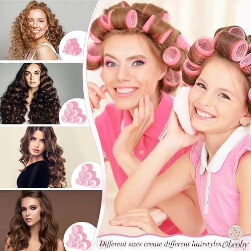 4 Sizes Self-Grip Hair Rollers Set for Long, Short Hair and Bangs - 50 Pcs with Clips (25mm, 36mm, 48mm, 60mm), Pink thumbnail 3