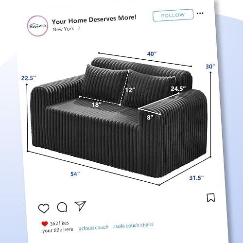 Hobestluk Couch Sofa 2-Seater Foam Sofa Loveseat for Small Spaces Comfy Sofas with Removable Cover Furry Couch with Pillows for Living Room, Bedroom, Apartment, Office (Black, Loveseat) thumbnail 2