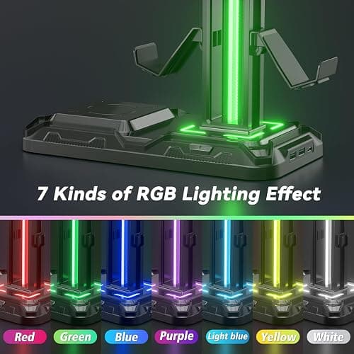 KDD Headphone & Controller Stand with Wireless Charging - Rotatable Headset Stand with 9 Light Modes - Controller Holder with 2 USB and Type C Ports - for Gamers Desktop Accessories thumbnail 4