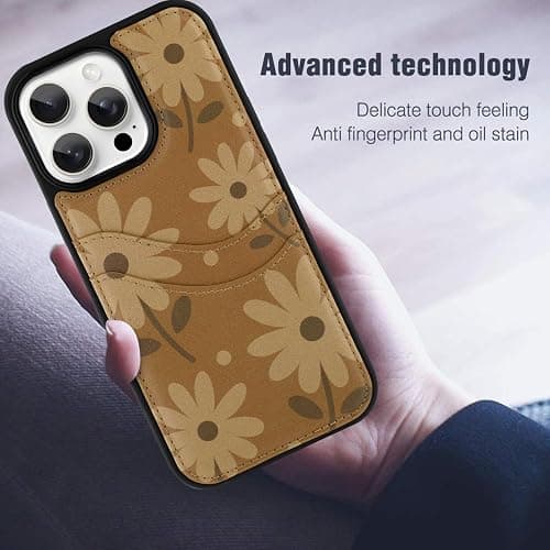 MOWIME Compatible with iPhone 15 Pro Max Wallet Case with Card Holder (2 Cards), Daisy Floral Shockproof Soft TPU Protective Cover Women Girls, Daisy Case for iPhone 15 Pro Max 6.7 Inch, Brown thumbnail 2