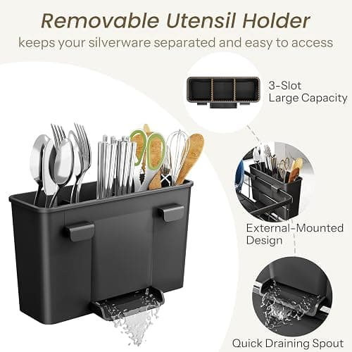 SNTD Dish Drying Rack - Small Dish Rack for Kitchen Counter, Stainless Steel Dish Drainer with Utensil Holder and Drainboard, 11" W x 15" L (Black) thumbnail 7