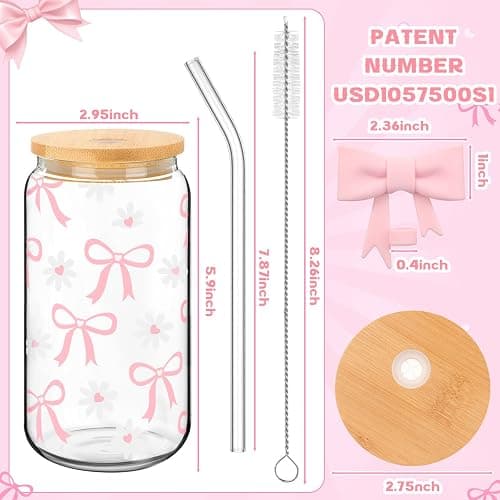 Skylety Set of 2 Coquette Bow Glass Cup 16oz Pink Glass Cup with Lids and Straws Reusable Pink Bow Silicone Straw Toppers Lids Protectors 2 Brush for Drinking Coffee Tea Cocktail(Bow) thumbnail 3