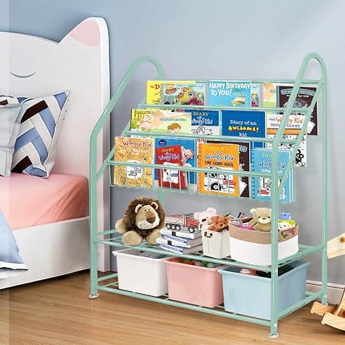 aboxoo Metal Kids Bookshelf Green Freestanding for Children Room 32 in Toy Organizer Book Unit Storage Large Green Stable Bookcase Bookstore Living Room Bed Room Library thumbnail 4
